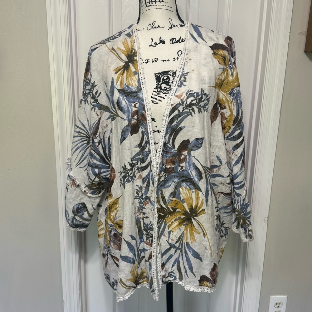 Linen‎ Francesca Bettini Womens Tropical Print Open Front Kimono Cardigan Italy